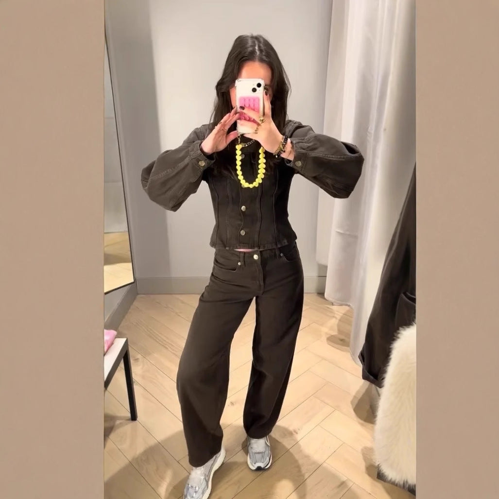 Women's Fashion Retro Fitted Single Breasted Denim Suit with Wide Leg Pants