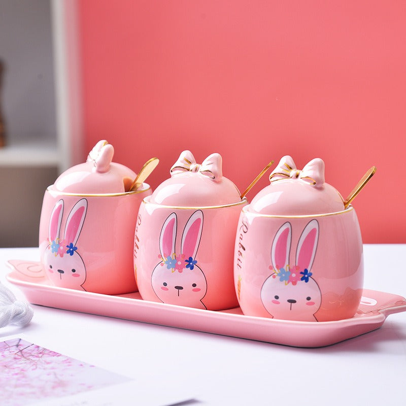 Lovely design cartoon  kitchenware 3 pieces ceramic spice jar set for gift