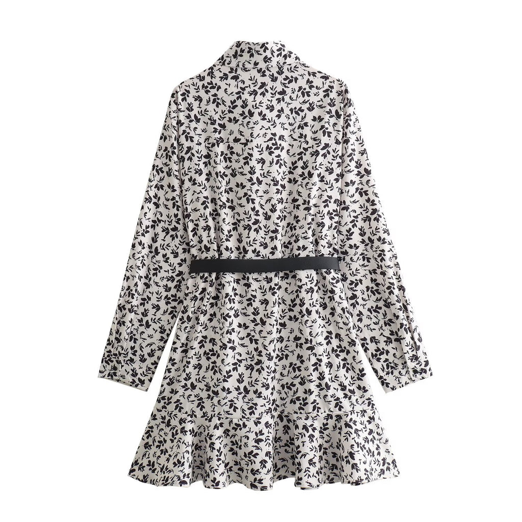 Women's Fashion Casual Waist Belt Floral Print Short Dress