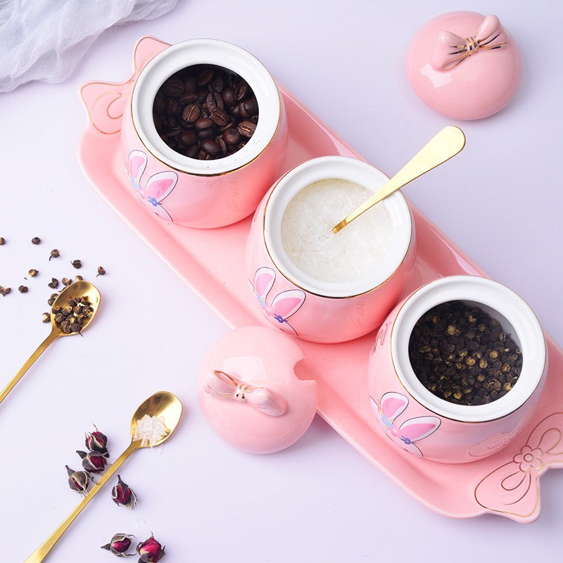 Lovely design cartoon  kitchenware 3 pieces ceramic spice jar set for gift