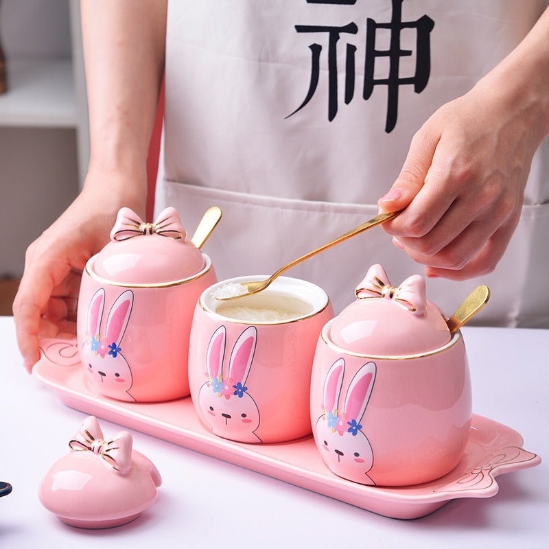 Lovely design cartoon  kitchenware 3 pieces ceramic spice jar set for gift