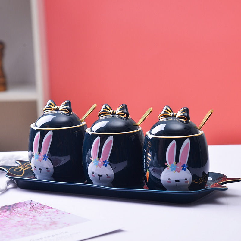 Lovely design cartoon  kitchenware 3 pieces ceramic spice jar set for gift