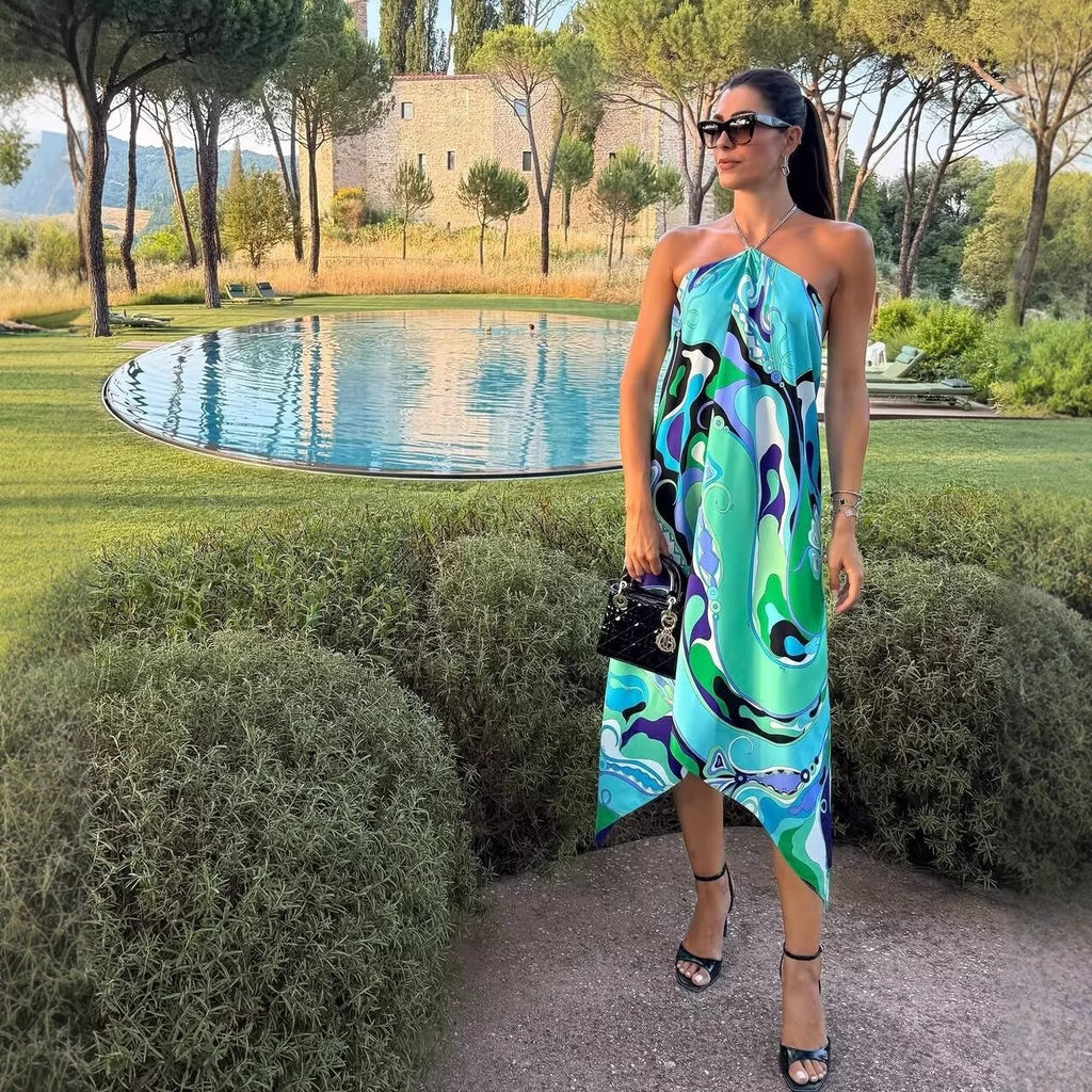 Women's Fashion Sexy Printed Chain Halter Dress