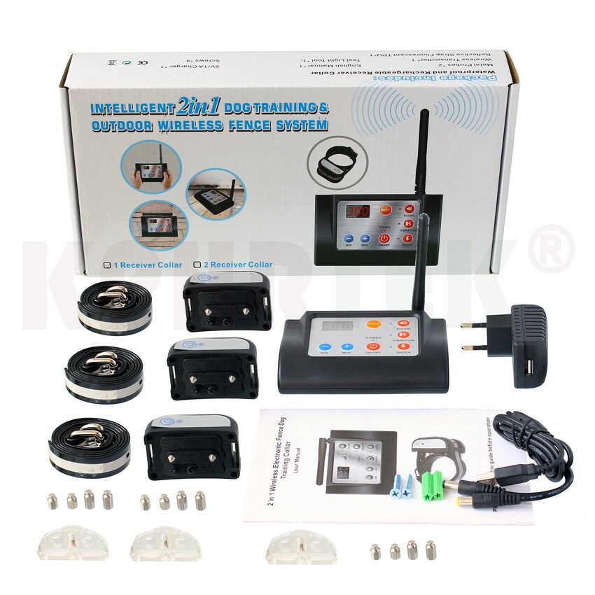 2 in 1   Wireless Electronic Dog Fence System and Dog Training Collar   Beep Shock Vibration Training  for 1/2/3 dogs 6 Sets/lot