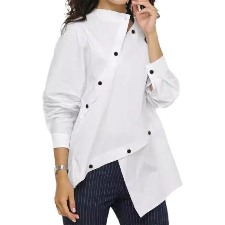 European and American women's fashion personalized button asymmetrical women's shirt long sleeved casual sloping collar top