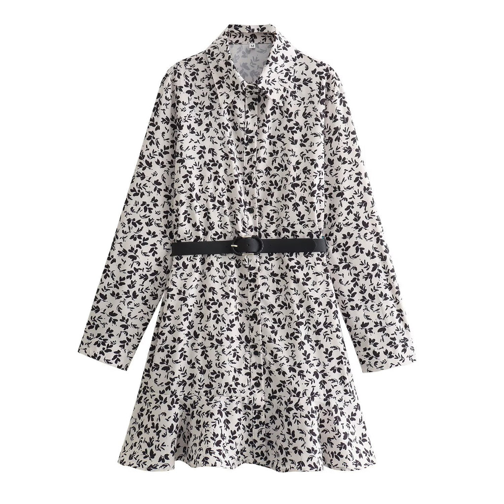 Women's Fashion Casual Waist Belt Floral Print Short Dress