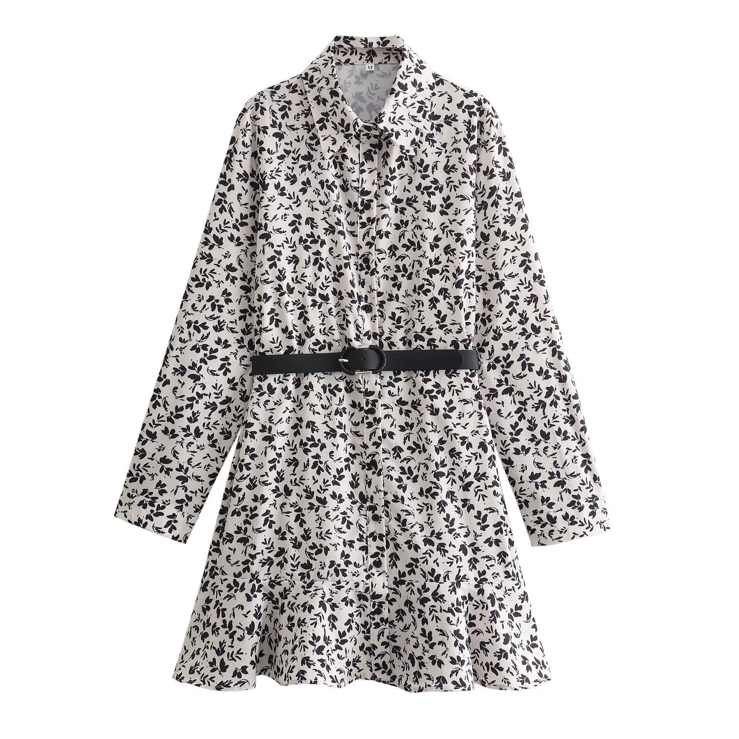Women's Fashion Casual Waist Belt Floral Print Short Dress