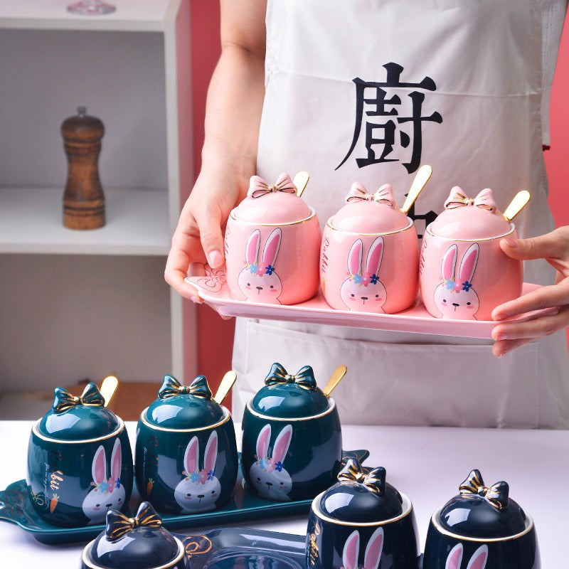 Lovely design cartoon  kitchenware 3 pieces ceramic spice jar set for gift