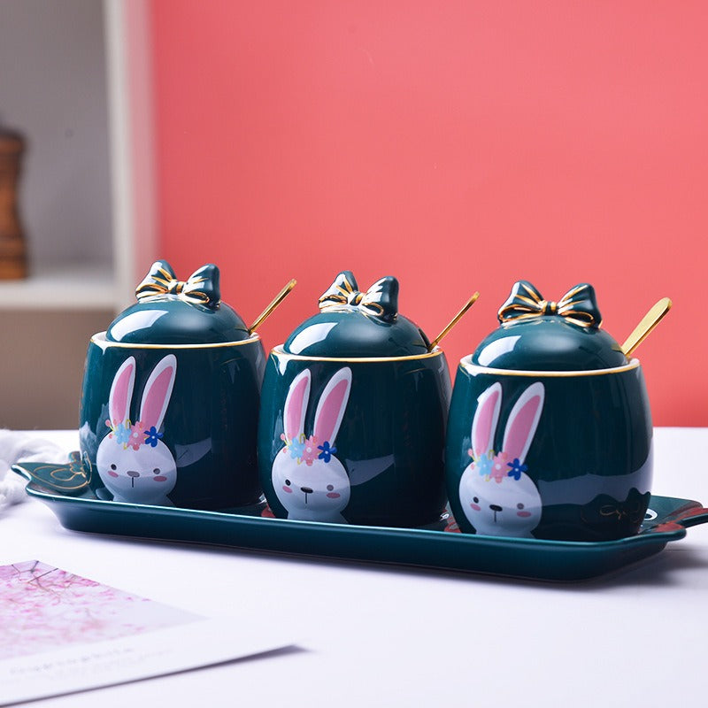 Lovely design cartoon  kitchenware 3 pieces ceramic spice jar set for gift