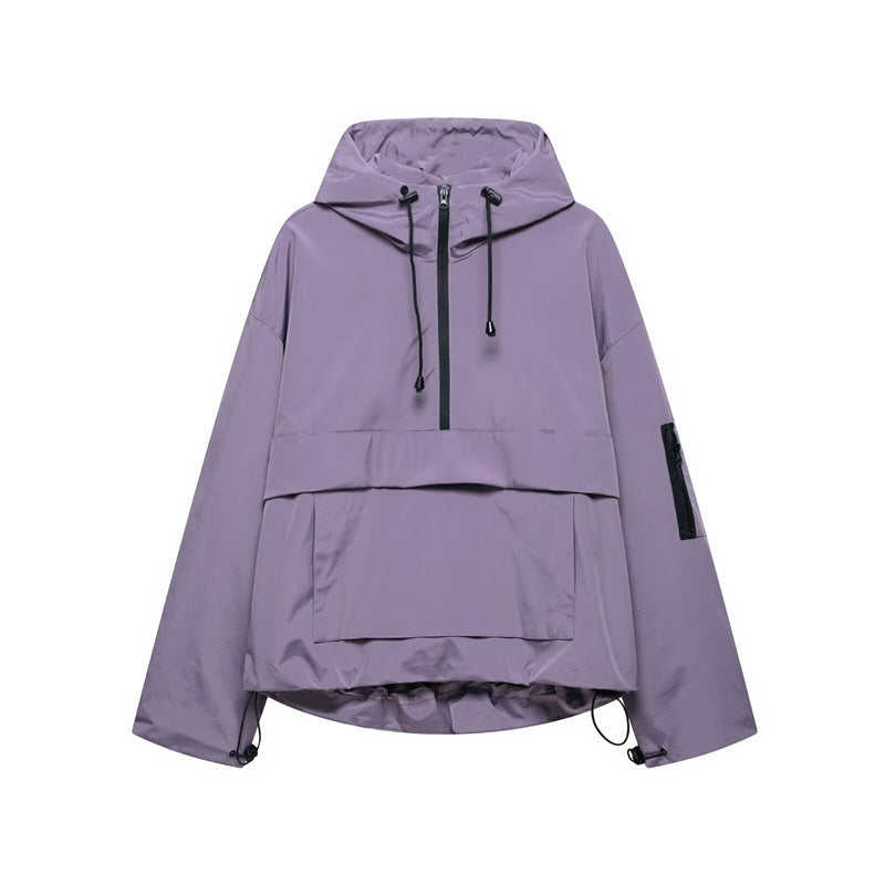 Style Women's Fashion Casual Loose Fit Half-Zip Hooded Jacket